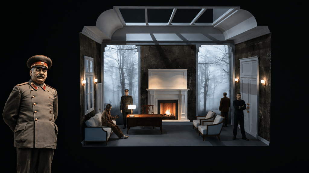 A historical scene featuring a man in a military uniform with a mustache, posed in front of a stylized room with a fireplace, chairs, and foggy window views, depicting a somber atmosphere.