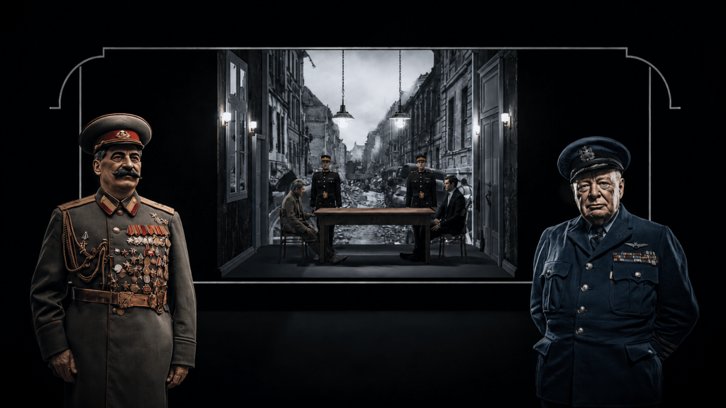 A visual representation featuring two prominent historical figures, one in military attire with medals, and another in a navy uniform, standing beside a table with three seated individuals in a room with a backdrop of a destroyed cityscape.