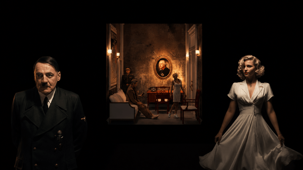 A dramatic scene featuring a man resembling a historical figure in military attire, standing in the foreground, with a stylized, illuminated background showcasing a group of people in a room with a portrait and period decor.