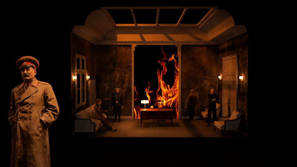 A dramatic scene featuring a figure in military attire and a room with flames in the background, showcasing a mix of historical elements and a tense atmosphere.