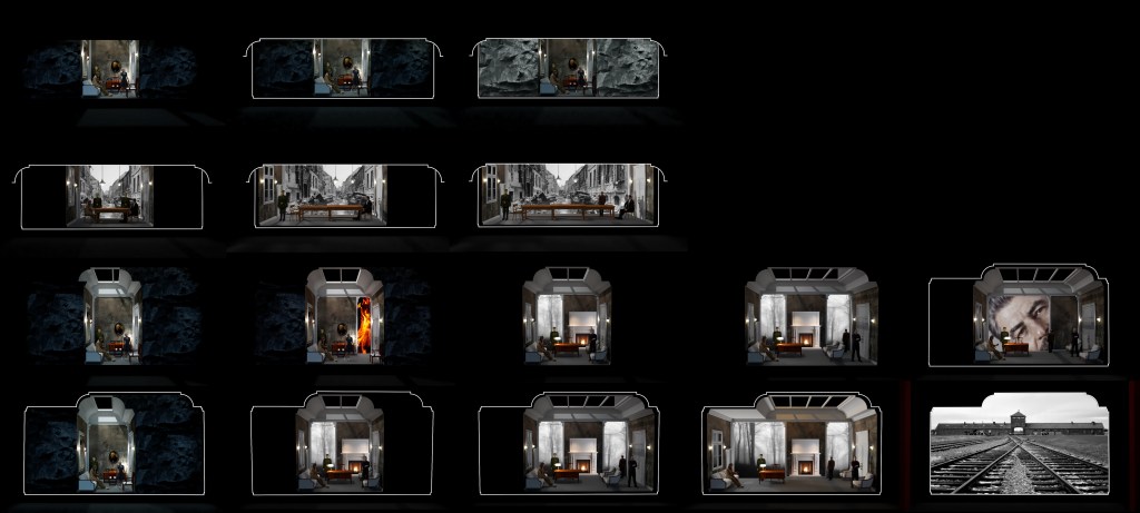 A series of frames depicting various scenes, including an indoor setting with a table and figures, transitioning into darker, abstract backgrounds and dramatic imagery.