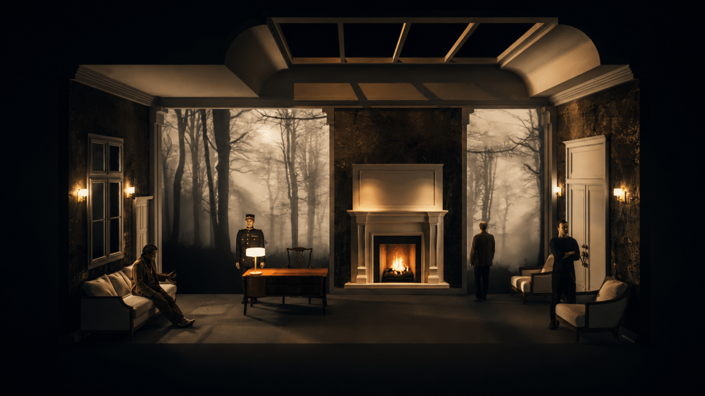 A dramatic interior scene featuring a dimly lit room with a fireplace, a desk, and several figures. The walls display a foggy forest backdrop, enhancing the mysterious atmosphere.