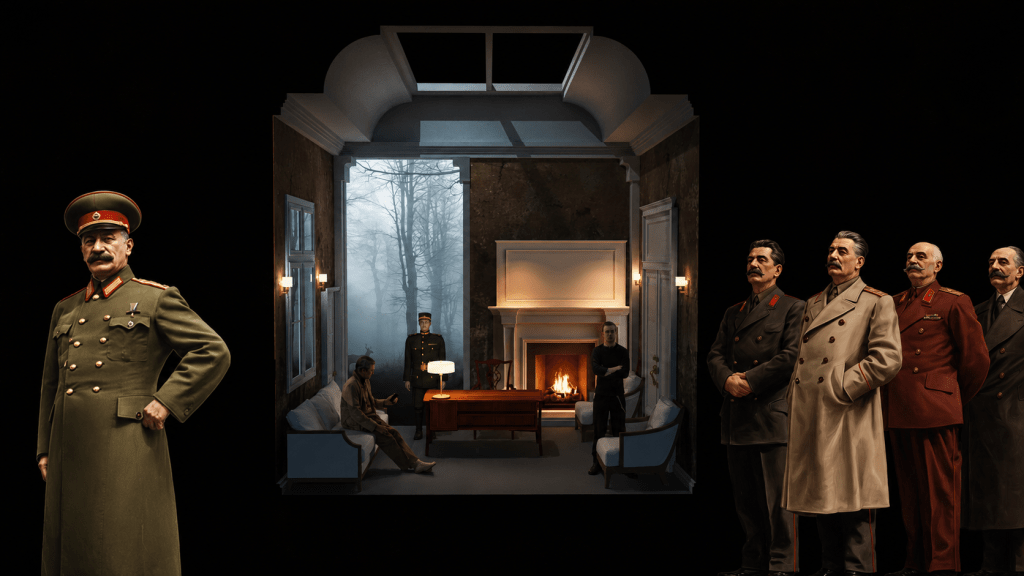 A historical scene depicting a group of leaders in military uniforms standing next to a cozy, elegantly furnished room with a fireplace, showcasing a contrast between the figures and the interior setting.
