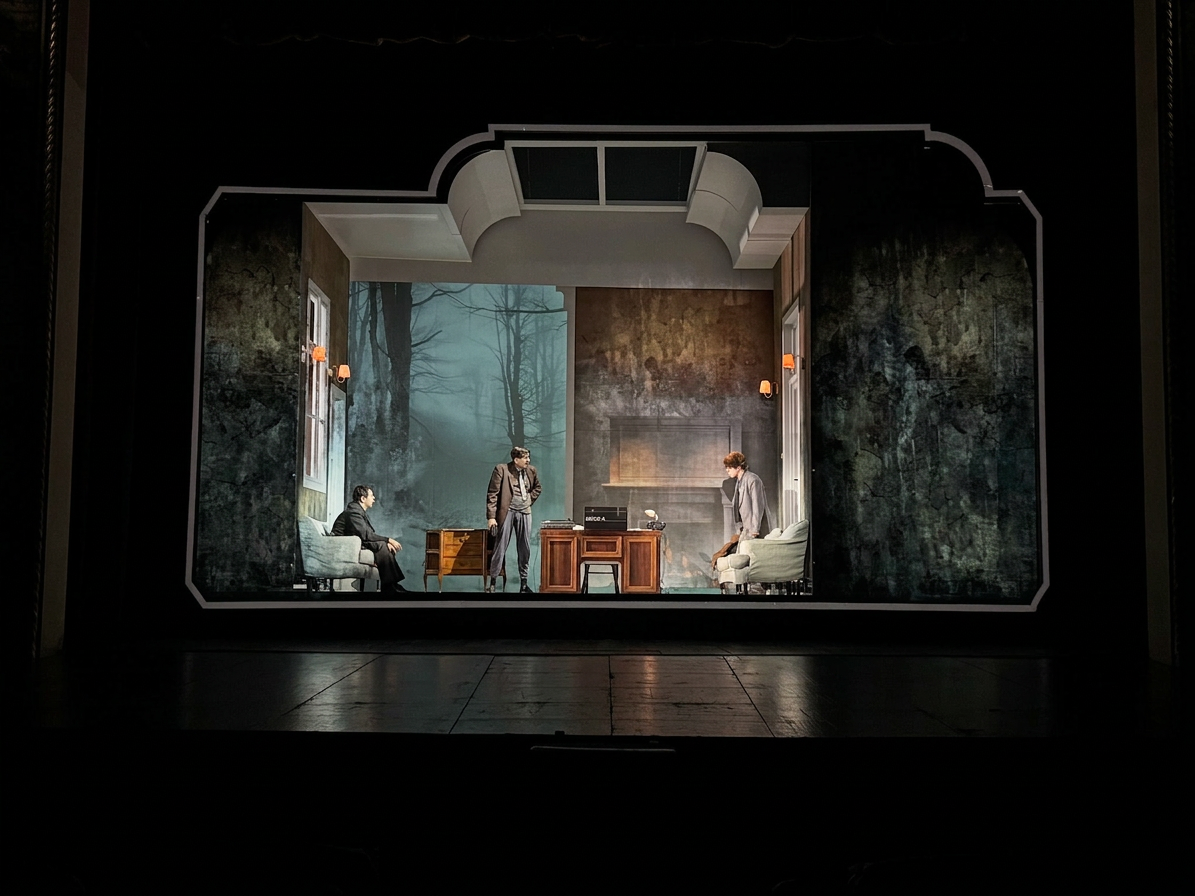 A theatrical stage set featuring three actors in a room with furniture, including a sofa and a desk, against a backdrop of trees. The scene is lit with soft lighting, creating a dramatic atmosphere.