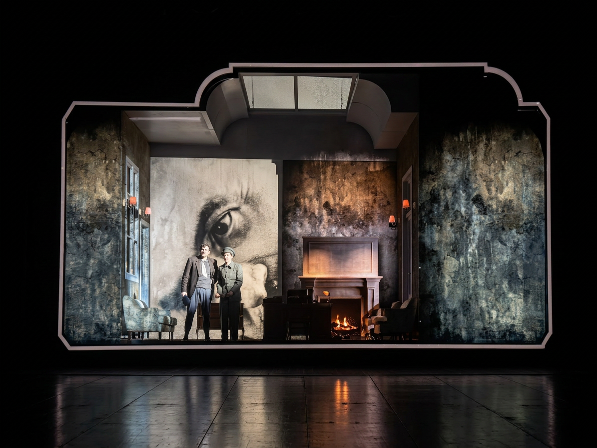 A stage scene featuring two actors standing in a dimly lit room with a large eye mural on the wall, surrounded by vintage furniture and a fireplace.