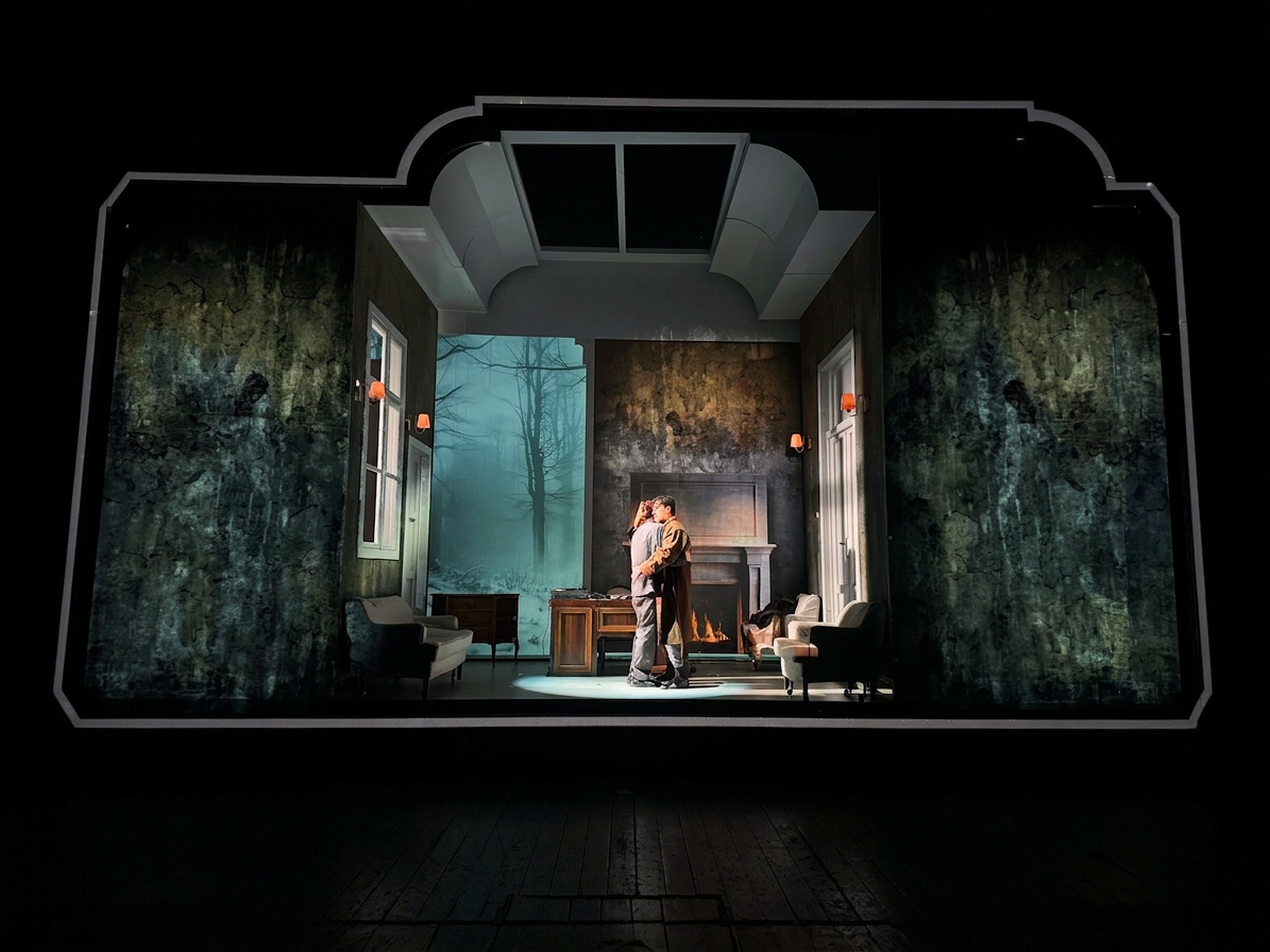 A dramatic stage scene featuring two people embracing in a dimly lit, artistically designed room with a fireplace and large windows showing a foggy landscape outside.